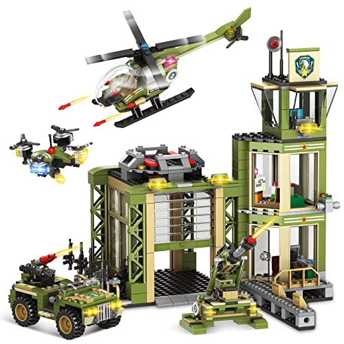 Army Military Base Building Blocks Set, with Armored Vehicle, Drone, Cannon & Helicopter, 677 Pcs City War Army Rescue Tower Set Best Learning Roleplay STEM Construction Toys for Kids & Boys Aged 6+ from EP EXERCISE N PLAY