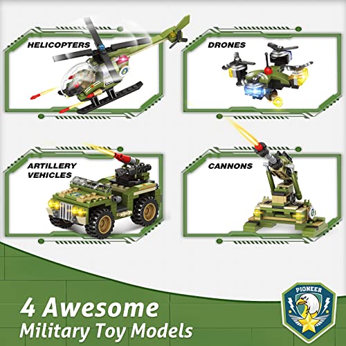 Army Military Base Building Blocks Set, with Armored Vehicle, Drone, Cannon & Helicopter, 677 Pcs City War Army Rescue Tower Set Best Learning Roleplay STEM Construction Toys for Kids & Boys Aged 6+ from EP EXERCISE N PLAY