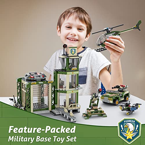Army Military Base Building Blocks Set, with Armored Vehicle, Drone, Cannon & Helicopter, 677 Pcs City War Army Rescue Tower Set Best Learning Roleplay STEM Construction Toys for Kids & Boys Aged 6+ from EP EXERCISE N PLAY