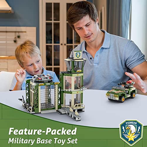 Army Military Base Building Blocks Set, with Armored Vehicle, Drone, Cannon & Helicopter, 677 Pcs City War Army Rescue Tower Set Best Learning Roleplay STEM Construction Toys for Kids & Boys Aged 6+ from EP EXERCISE N PLAY