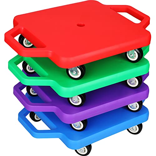 4 Pieces Sports Scooter Board with Handles Plastic Casters Floor Scooter Board Sitting Scooter Board for Kids Children Gym Indoor Outdoor Activities Play Equipment by Jerify