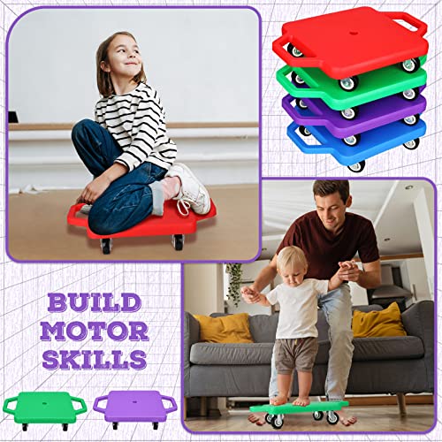 4 Pieces Sports Scooter Board with Handles Plastic Casters Floor Scooter Board Sitting Scooter Board for Kids Children Gym Indoor Outdoor Activities Play Equipment by Jerify