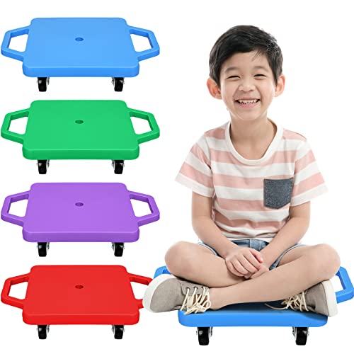4 Pieces Sports Scooter Board with Handles Plastic Casters Floor Scooter Board Sitting Scooter Board for Kids Children Gym Indoor Outdoor Activities Play Equipment by Jerify