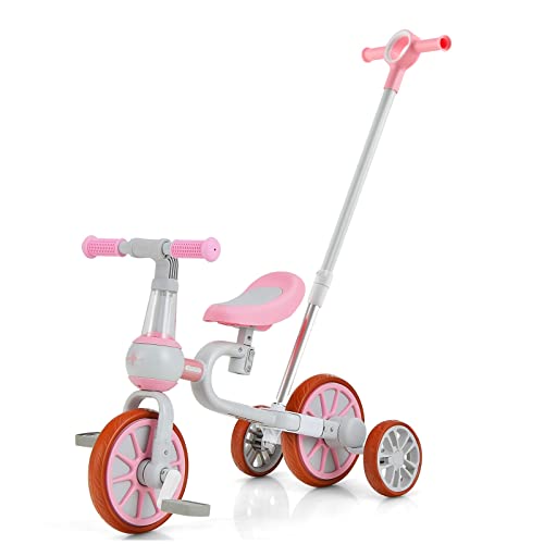 OLAKIDS Toddler Tricycle, 5 in 1 Kids Trike for Age 2-4 with Push Handle, Baby Bike with Adjustable Seat and Handle, Removable Pedal and Training Wheels for Boys Girls Toy Gift (Pink) from Olakids