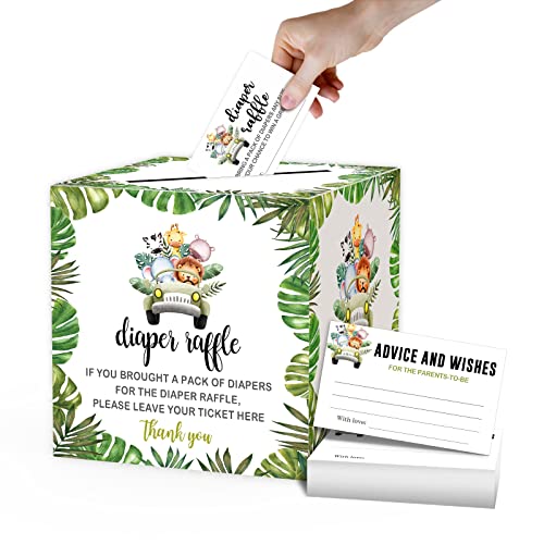 Diaper Raffle Tickets and Advice Cards for Baby Shower - 1 Card Collection Box & 50 Tickets, Jungle Animal Baby Shower Card Box, Party FavorsDecorationsSupplies, Game Kit, 8" Card Box -009BOX from mermermu
