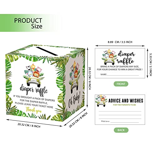 Diaper Raffle Tickets and Advice Cards for Baby Shower - 1 Card Collection Box & 50 Tickets, Jungle Animal Baby Shower Card Box, Party FavorsDecorationsSupplies, Game Kit, 8" Card Box -009BOX from mermermu