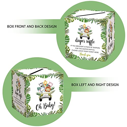 Diaper Raffle Tickets and Advice Cards for Baby Shower - 1 Card Collection Box & 50 Tickets, Jungle Animal Baby Shower Card Box, Party FavorsDecorationsSupplies, Game Kit, 8" Card Box -009BOX from mermermu