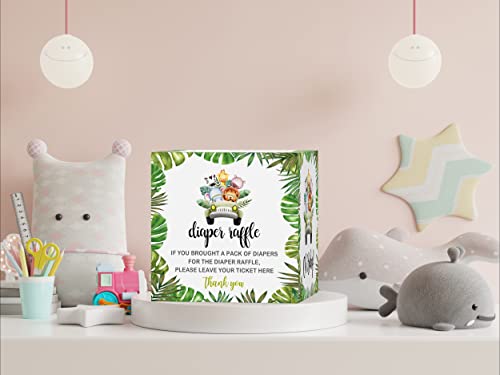 Diaper Raffle Tickets and Advice Cards for Baby Shower - 1 Card Collection Box & 50 Tickets, Jungle Animal Baby Shower Card Box, Party FavorsDecorationsSupplies, Game Kit, 8" Card Box -009BOX from mermermu