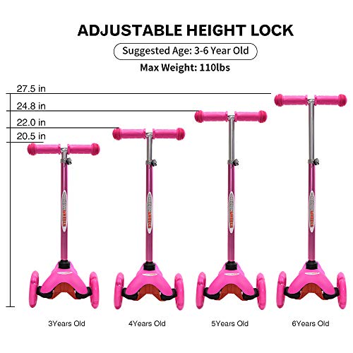 ChromeWheels Scooter for Kids, Deluxe 4 Adjustable Height 3 Wheels Glider with Kick, Lean to Steer with LED Flashing Light, Pink by ChromeWheels
