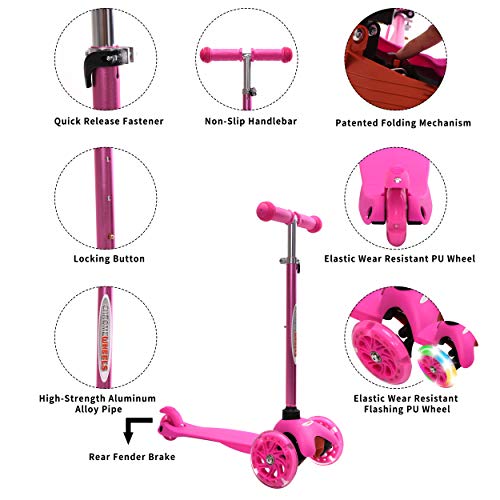 ChromeWheels Scooter for Kids, Deluxe 4 Adjustable Height 3 Wheels Glider with Kick, Lean to Steer with LED Flashing Light, Pink by ChromeWheels