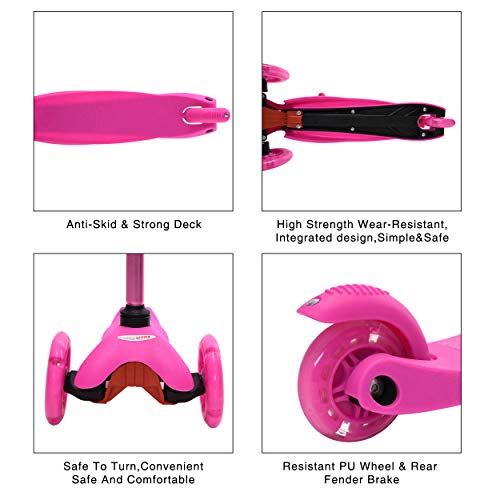 ChromeWheels Scooter for Kids, Deluxe 4 Adjustable Height 3 Wheels Glider with Kick, Lean to Steer with LED Flashing Light, Pink by ChromeWheels