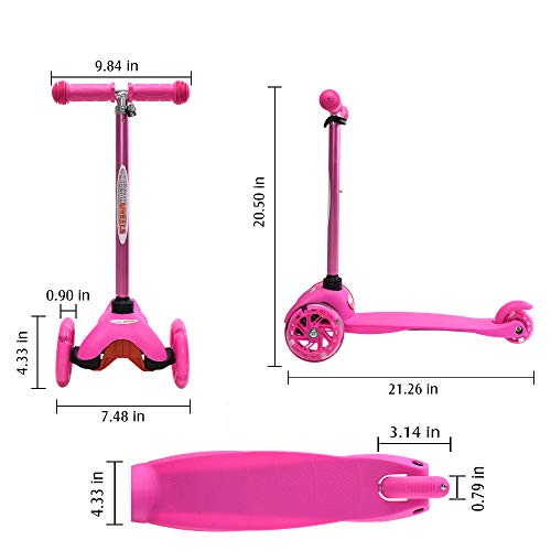 ChromeWheels Scooter for Kids, Deluxe 4 Adjustable Height 3 Wheels Glider with Kick, Lean to Steer with LED Flashing Light, Pink by ChromeWheels