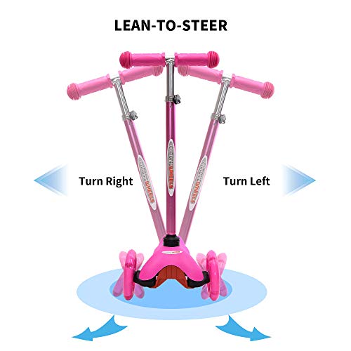 ChromeWheels Scooter for Kids, Deluxe 4 Adjustable Height 3 Wheels Glider with Kick, Lean to Steer with LED Flashing Light, Pink by ChromeWheels
