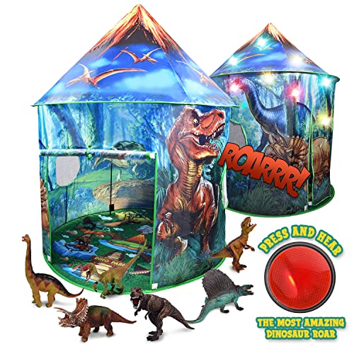 Dinosaur Pop-Up Kidsâ Tent by Toy To Enjoy â Indoor & Outdoor Play Tent for Boys & Girls â Includes Tent, Remote Controlled Lights, Dinosaur Roar Sound Button & 6 Different Dinosaur Toys by Toy To Enjoy