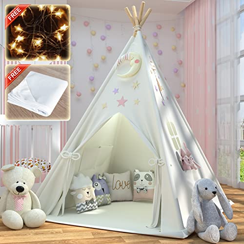 Kids Teepee Tent with Padded Mat & Light String, Washable Foldable Play Tent, Natural Cotton Canvas Teepee Indoor Outdoor Playhouse for Toddler, for 3 4 5 6 7 8 9 10 Boys and Girls from SpringFlower