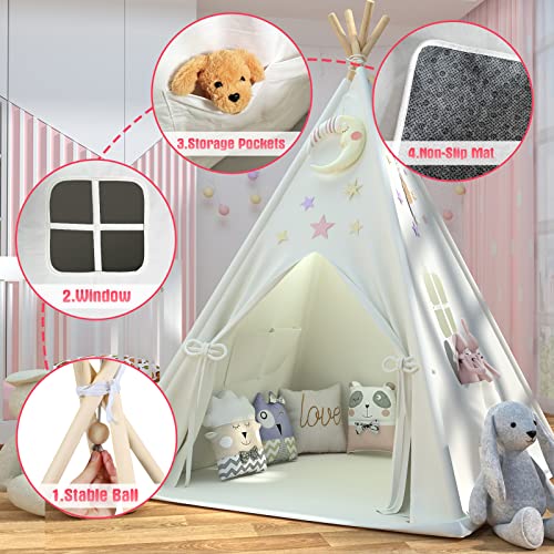 Kids Teepee Tent with Padded Mat & Light String, Washable Foldable Play Tent, Natural Cotton Canvas Teepee Indoor Outdoor Playhouse for Toddler, for 3 4 5 6 7 8 9 10 Boys and Girls from SpringFlower