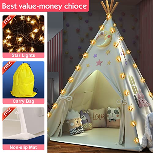 Kids Teepee Tent with Padded Mat & Light String, Washable Foldable Play Tent, Natural Cotton Canvas Teepee Indoor Outdoor Playhouse for Toddler, for 3 4 5 6 7 8 9 10 Boys and Girls from SpringFlower