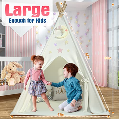 Kids Teepee Tent with Padded Mat & Light String, Washable Foldable Play Tent, Natural Cotton Canvas Teepee Indoor Outdoor Playhouse for Toddler, for 3 4 5 6 7 8 9 10 Boys and Girls from SpringFlower