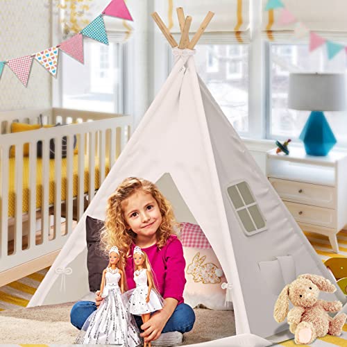 Kids Teepee Tent with Padded Mat & Light String, Washable Foldable Play Tent, Natural Cotton Canvas Teepee Indoor Outdoor Playhouse for Toddler, for 3 4 5 6 7 8 9 10 Boys and Girls from SpringFlower