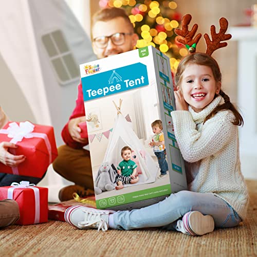 Kids Teepee Tent with Padded Mat & Light String, Washable Foldable Play Tent, Natural Cotton Canvas Teepee Indoor Outdoor Playhouse for Toddler, for 3 4 5 6 7 8 9 10 Boys and Girls from SpringFlower