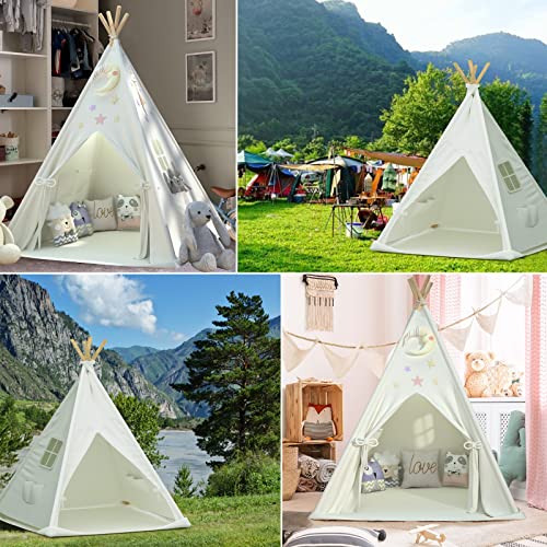 Kids Teepee Tent with Padded Mat & Light String, Washable Foldable Play Tent, Natural Cotton Canvas Teepee Indoor Outdoor Playhouse for Toddler, for 3 4 5 6 7 8 9 10 Boys and Girls from SpringFlower