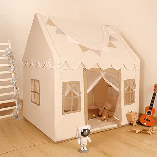 Kids Play Tent with Non-Slip Mat, Star Lights, Decorating Flag, Large Playhouse with 4 Windows, Machine Washable, Indoor and Outdoor Play Tent for Kids, Girls, Neutral Color, 47" x 40" x 52" from XIAOSHIHOU