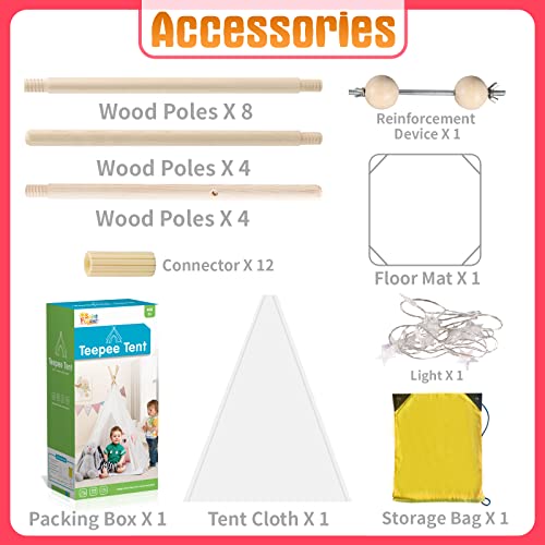 Kids Teepee Tent with Padded Mat & Light String, Washable Foldable Play Tent, Natural Cotton Canvas Teepee Indoor Outdoor Playhouse for Toddler, for 3 4 5 6 7 8 9 10 Boys and Girls from SpringFlower