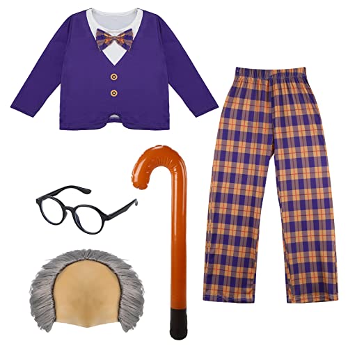 5 Pcs Old Man Costume for Kids Bald Cap Costume 100 Days of School Costume for Boys Grandpa Costume Included Shirt with Bow Tie Trouser Wig Glasses Cane for Child 100th Days of School Cosplay Supply by 