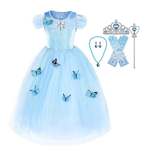 SNOWLION Princess Dress Queen Costume for Girls Cosplay little kids Dress Up with Accessories (Blue, 6-7 Years) by 