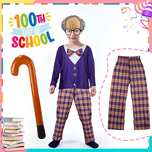 5 Pcs Old Man Costume for Kids Bald Cap Costume 100 Days of School Costume for Boys Grandpa Costume Included Shirt with Bow Tie Trouser Wig Glasses Cane for Child 100th Days of School Cosplay Supply by 