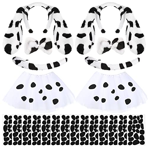 2 Sets Girls Dalmatian Costume Set Animal Costume Set with Dog Animal Ear Headband Tail and Bow Tie, Girls White Skirt and 5 Sheets Self-adhesive Sticker for Halloween Christmas Cosplay Dress Costume from Neer