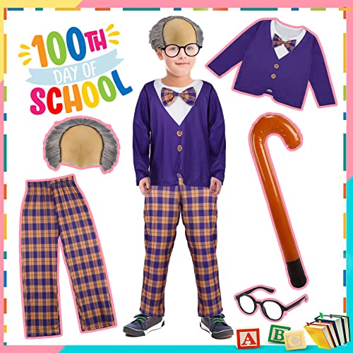 5 Pcs Old Man Costume for Kids Bald Cap Costume 100 Days of School Costume for Boys Grandpa Costume Included Shirt with Bow Tie Trouser Wig Glasses Cane for Child 100th Days of School Cosplay Supply by 
