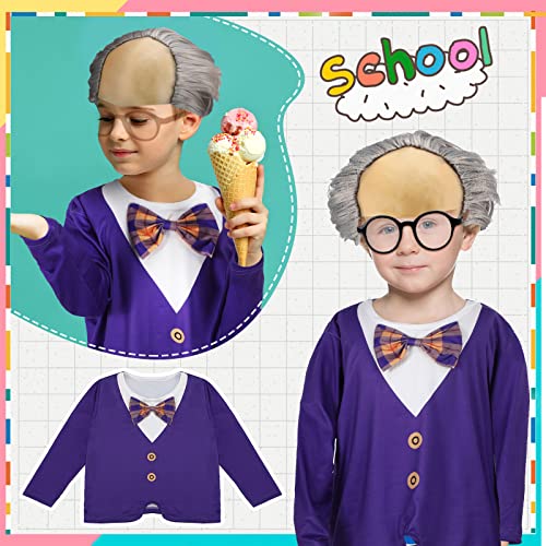 5 Pcs Old Man Costume for Kids Bald Cap Costume 100 Days of School Costume for Boys Grandpa Costume Included Shirt with Bow Tie Trouser Wig Glasses Cane for Child 100th Days of School Cosplay Supply by 