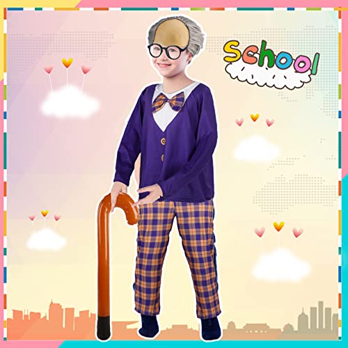 5 Pcs Old Man Costume for Kids Bald Cap Costume 100 Days of School Costume for Boys Grandpa Costume Included Shirt with Bow Tie Trouser Wig Glasses Cane for Child 100th Days of School Cosplay Supply by 