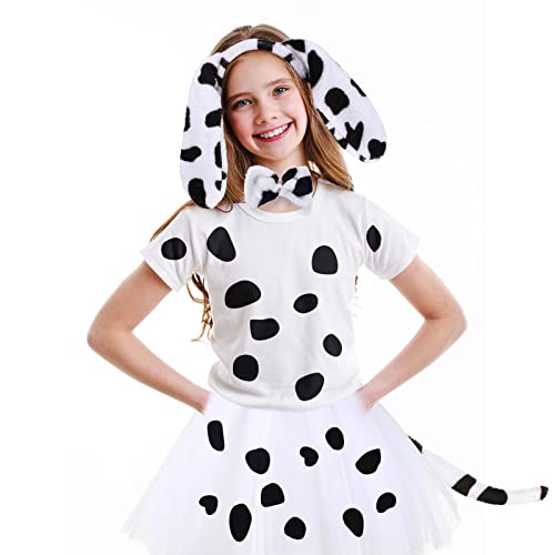 2 Sets Girls Dalmatian Costume Set Animal Costume Set with Dog Animal Ear Headband Tail and Bow Tie, Girls White Skirt and 5 Sheets Self-adhesive Sticker for Halloween Christmas Cosplay Dress Costume from Neer