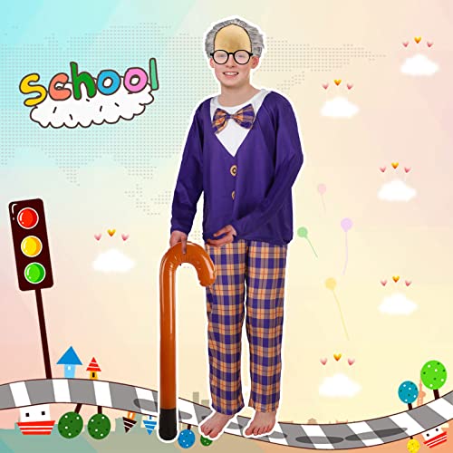 5 Pcs Old Man Costume for Kids Bald Cap Costume 100 Days of School Costume for Boys Grandpa Costume Included Shirt with Bow Tie Trouser Wig Glasses Cane for Child 100th Days of School Cosplay Supply by 