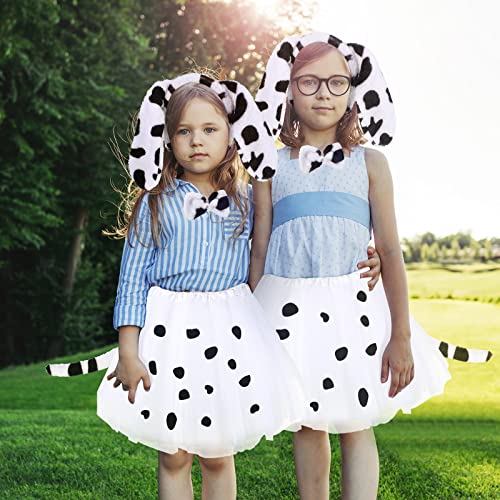 2 Sets Girls Dalmatian Costume Set Animal Costume Set with Dog Animal Ear Headband Tail and Bow Tie, Girls White Skirt and 5 Sheets Self-adhesive Sticker for Halloween Christmas Cosplay Dress Costume from Neer