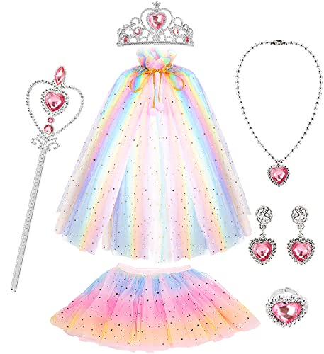 HAJUS Princess Dress Up Clothes Cape Skirt Set for Little Girls Pretend Play with Jewelry Tiara Crown Wand (Unicorn Rainbow) from 