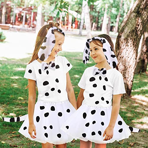 2 Sets Girls Dalmatian Costume Set Animal Costume Set with Dog Animal Ear Headband Tail and Bow Tie, Girls White Skirt and 5 Sheets Self-adhesive Sticker for Halloween Christmas Cosplay Dress Costume from Neer