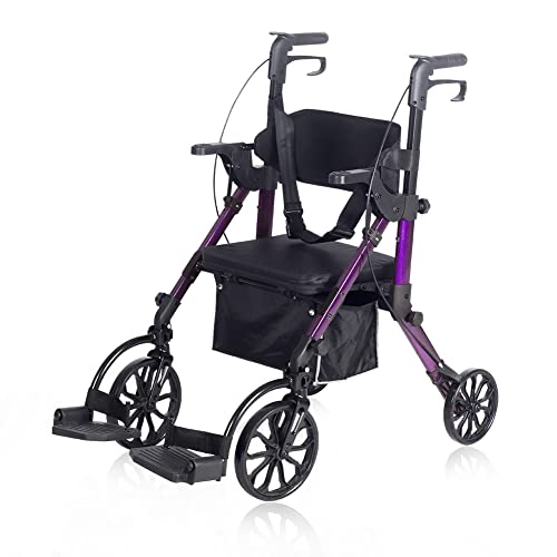 Elenker 2 in 1 Rollator Walker & Transport Chair, Folding Wheelchair Rolling Mobility Walking Aid with Seat Belt, Padded Seat and Detachable Footrests for Adult, Seniors (Purple) by ELENKER