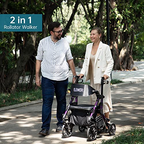 Elenker 2 in 1 Rollator Walker & Transport Chair, Folding Wheelchair Rolling Mobility Walking Aid with Seat Belt, Padded Seat and Detachable Footrests for Adult, Seniors (Purple) by ELENKER