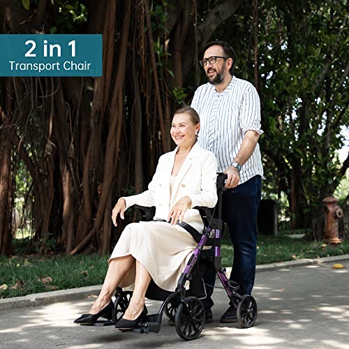 Elenker 2 in 1 Rollator Walker & Transport Chair, Folding Wheelchair Rolling Mobility Walking Aid with Seat Belt, Padded Seat and Detachable Footrests for Adult, Seniors (Purple) by ELENKER