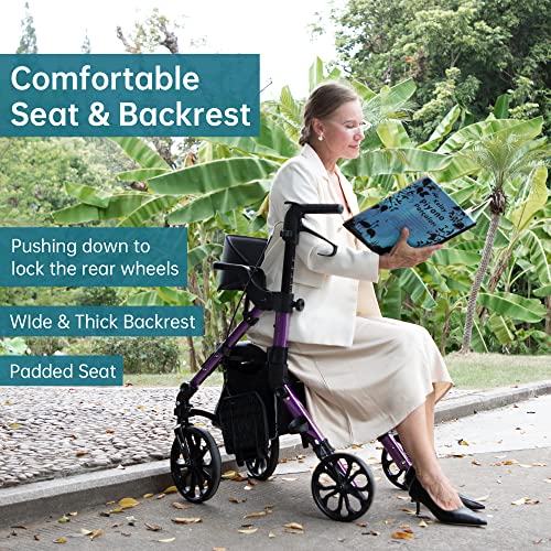 Elenker 2 in 1 Rollator Walker & Transport Chair, Folding Wheelchair Rolling Mobility Walking Aid with Seat Belt, Padded Seat and Detachable Footrests for Adult, Seniors (Purple) by ELENKER