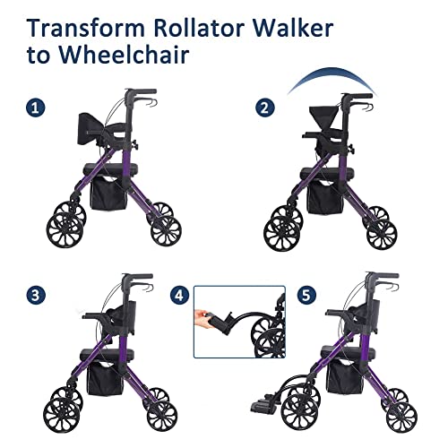 Elenker 2 in 1 Rollator Walker & Transport Chair, Folding Wheelchair Rolling Mobility Walking Aid with Seat Belt, Padded Seat and Detachable Footrests for Adult, Seniors (Purple) by ELENKER