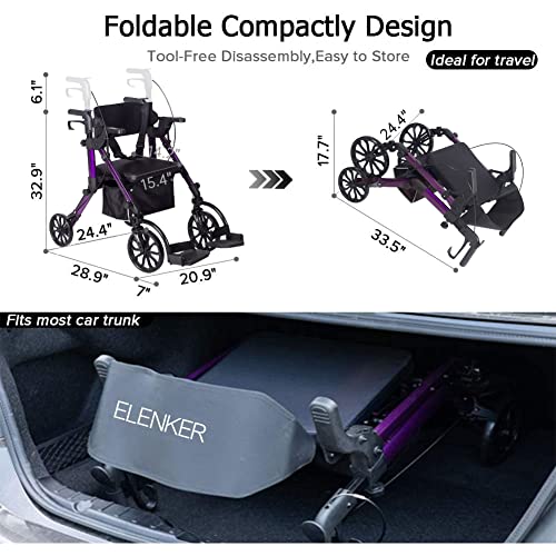 Elenker 2 in 1 Rollator Walker & Transport Chair, Folding Wheelchair Rolling Mobility Walking Aid with Seat Belt, Padded Seat and Detachable Footrests for Adult, Seniors (Purple) by ELENKER