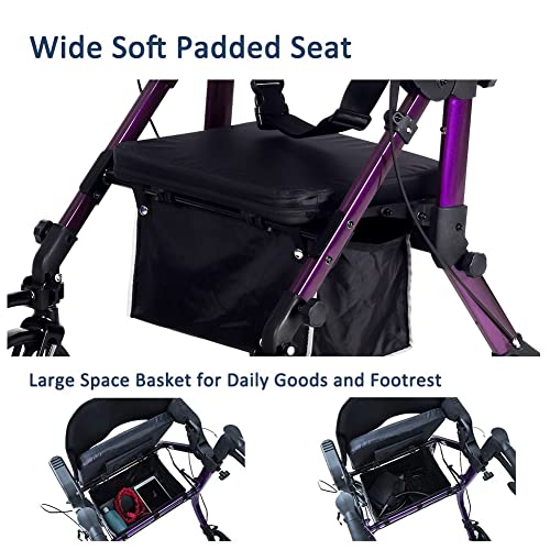 Elenker 2 in 1 Rollator Walker & Transport Chair, Folding Wheelchair Rolling Mobility Walking Aid with Seat Belt, Padded Seat and Detachable Footrests for Adult, Seniors (Purple) by ELENKER