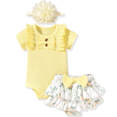 Preemie Baby Girls Summer Clothes Ribbed Short Sleeve Floral Ruffle Bloomer Shorts Premature Spring Outfit Yellow by 