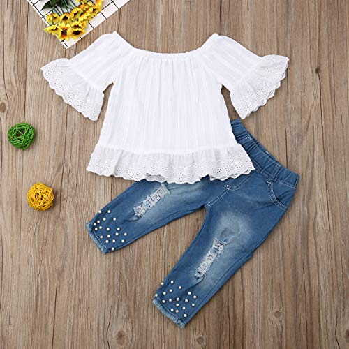 Toddler Kids Clothing Baby Girls Vest Tank Top Ripped Denim Shorts Skirts Outfits Clothes Set (5-6 Years, White) by 