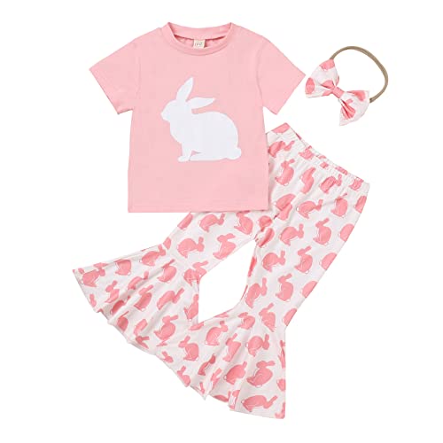 YINGISFITM Baby Girl Easter Outfit Bunny Print Short Sleeve Tee Tshirt Pants Toddler Bell Bottoms Summer Clothes 2Pcs Set (2-3T,Pink Rabbit) from YINGISFITM