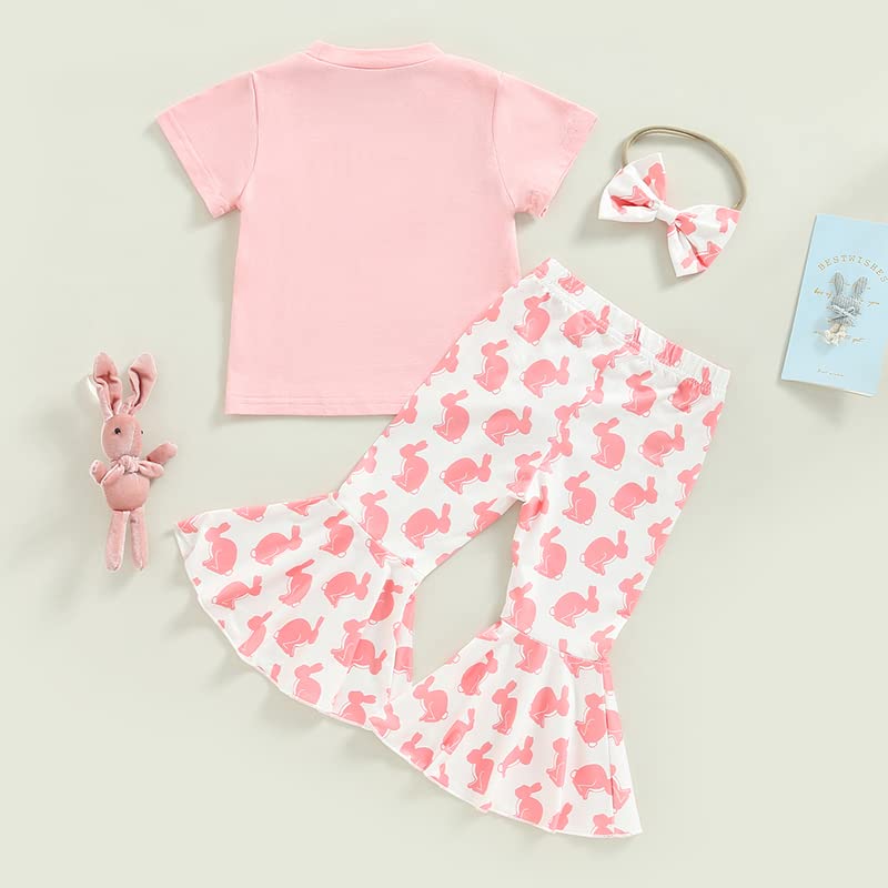 YINGISFITM Baby Girl Easter Outfit Bunny Print Short Sleeve Tee Tshirt Pants Toddler Bell Bottoms Summer Clothes 2Pcs Set (2-3T,Pink Rabbit) from YINGISFITM